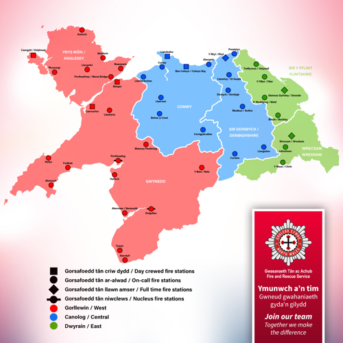 map of north wales showing fire stations