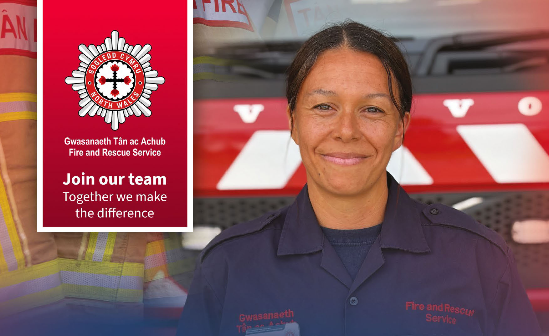 Photo of firefighter in front of fire engine